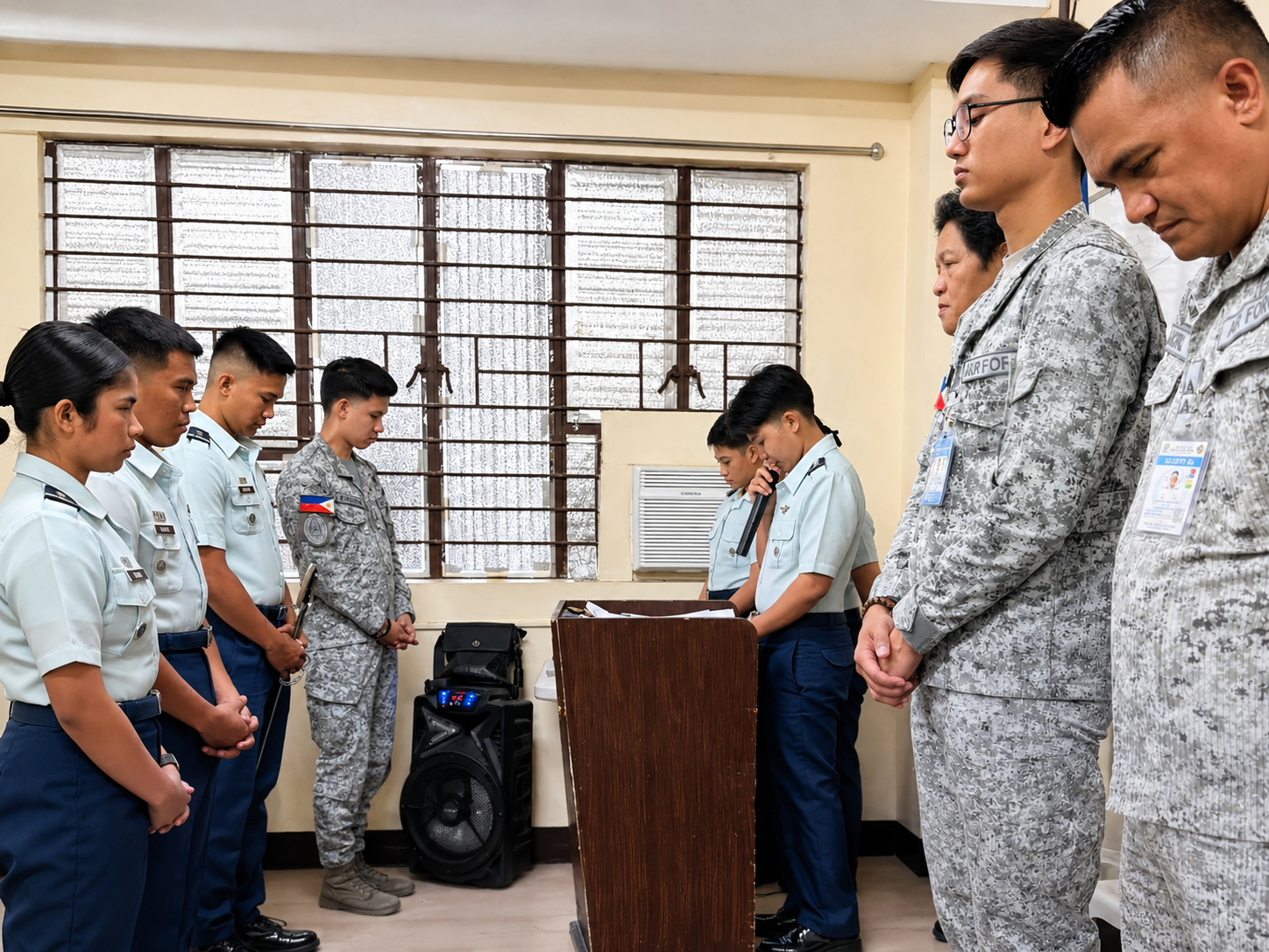 Lacson College criminology students and uniformed mentors during an indoor formation activity